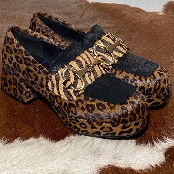 JEFFREY CAMPBELL Student Loafers Calf Hair Platform Leopard Cheetah Shoes 7.5 - Picture 1 of 10